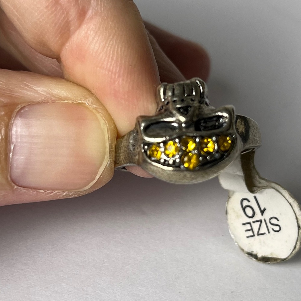 Antiqued Silver Tone Skull Ring Yellow Rhinestone Grin Gothic Biker Size 19